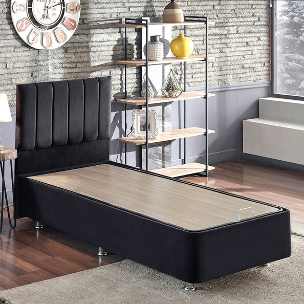 Caltrex Fabric Ottoman Storage Single Bed with Headboard in Black