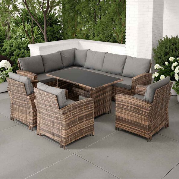 Calvero Rattan Corner Outdoor Lounge Set In Brown And Grey