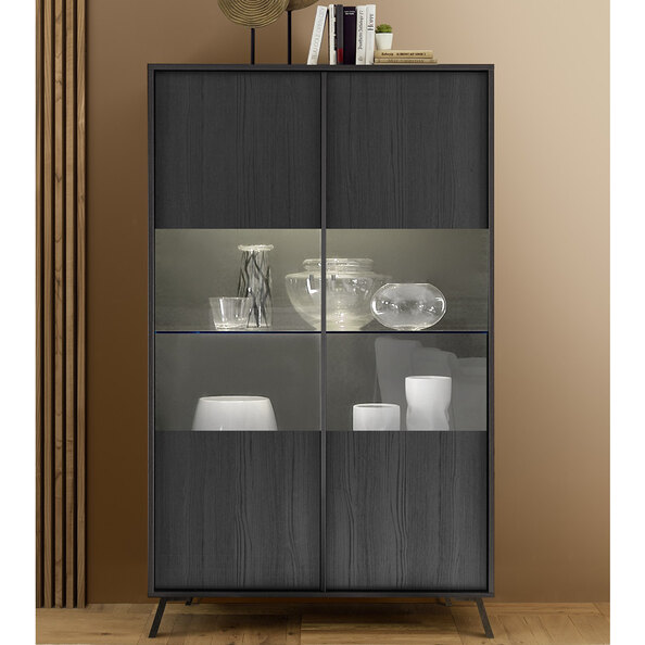 Cappy Wooden Display Cabinet With 2 Doors In Black And LED