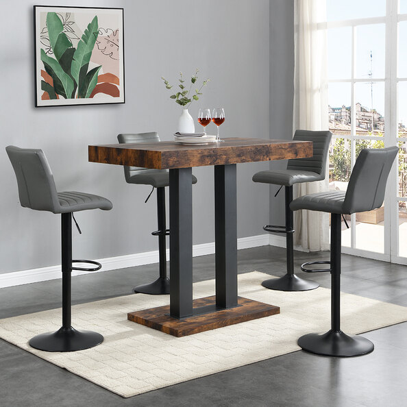 Caprice Small Rustic Oak Bar Table Black Base 4 Ripple Grey Stools