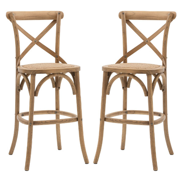 Caria Natural Wooden Bar Stools With Rattan Seat In Pair