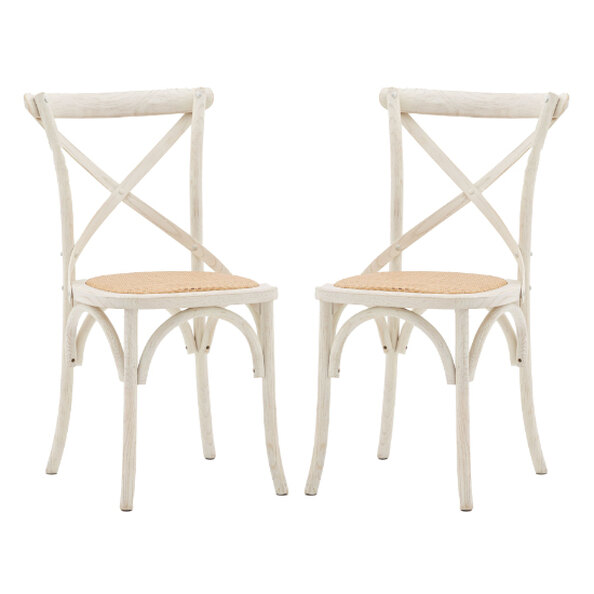 Caria White Wooden Dining Chairs With Rattan Seat In Pair