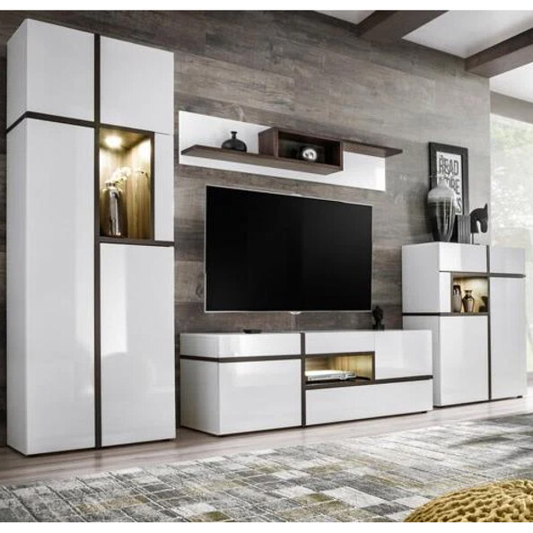 Carlisle High Gloss Living Room Furniture Set In White With LED