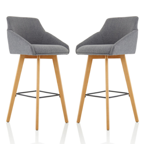 Carmen Grey Fabric High Bar Stool With Wooden Leg In A Pair