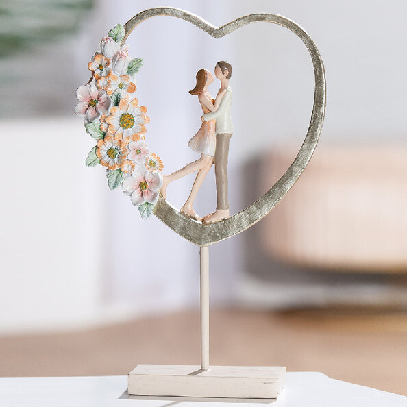 Carnation Synthetic Resin Couple Heart Sculpture In Cream And Pink