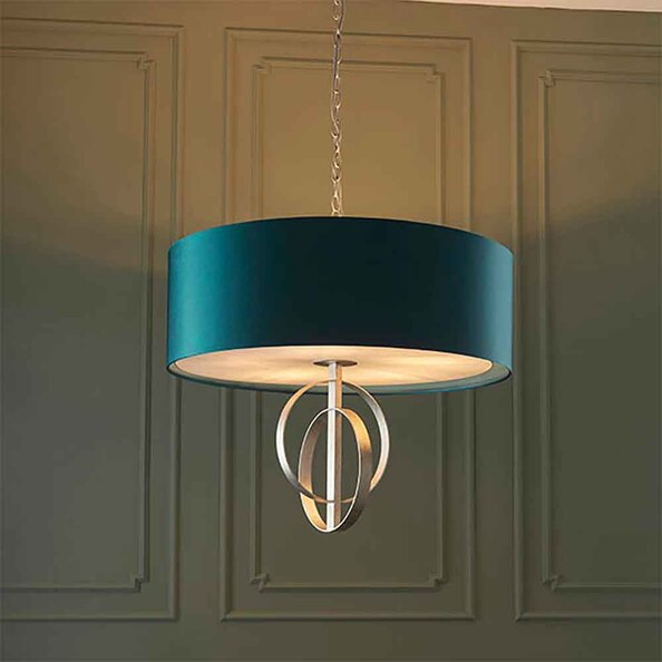 Carson Large Teal Fabric Pendant Light In Antique Silver