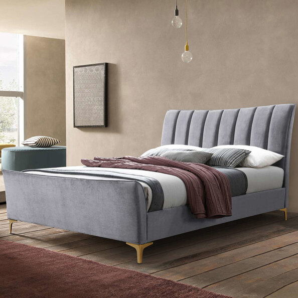Carteret Fabric Double Bed In Grey Velvet