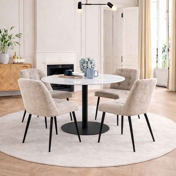 Casey White Marble Top Dining Table with Black Base and 4 Beige Bethel Chairs