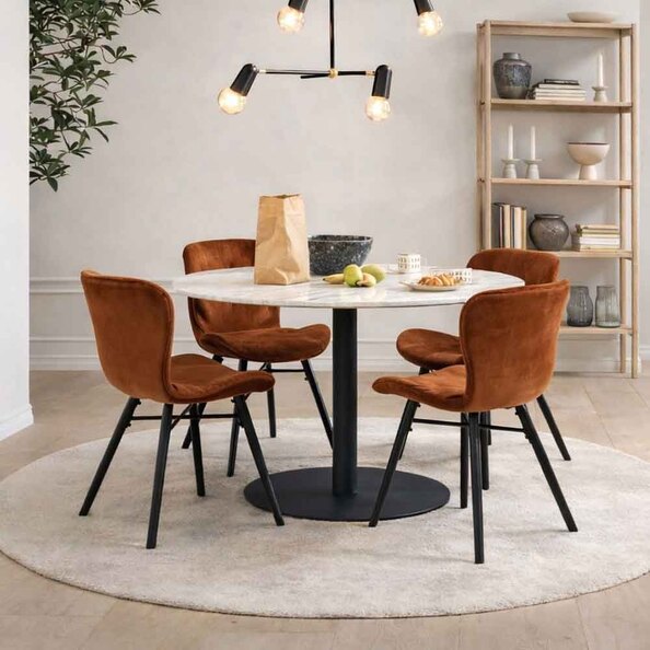 Casey White Marble Top Dining Table with Black Base and 4 Copper Bangor Chairs
