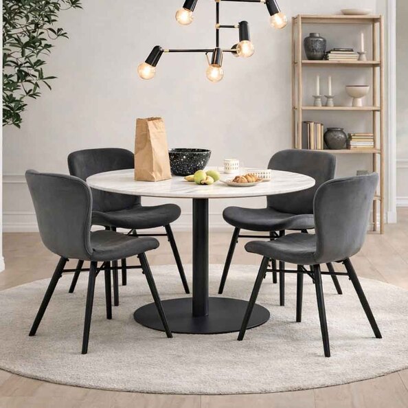 Casey White Marble Top Dining Table with Black Base and 4 Dark Grey Bangor Chairs