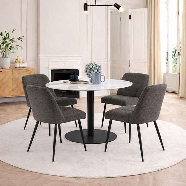 Casey White Marble Top Dining Table with Black Base and 4 Taupe Bethel Chairs