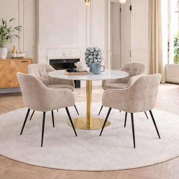 Casey White Marble Top Dining Table with Gold Base and 4 Beige Bethel Armchairs