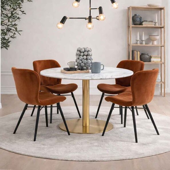 Casey White Marble Top Dining Table with Gold Base and 4 Copper Bangor Chairs