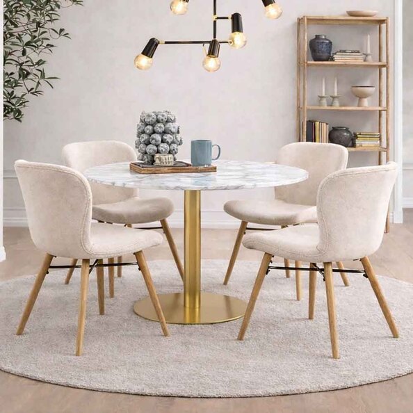 Casey White Marble Top Dining Table with Gold Base and 4 Cream Bangor Chairs