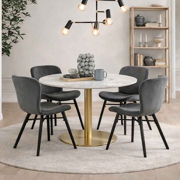 Casey White Marble Top Dining Table with Gold Base and 4 Dark Grey Bangor Chairs