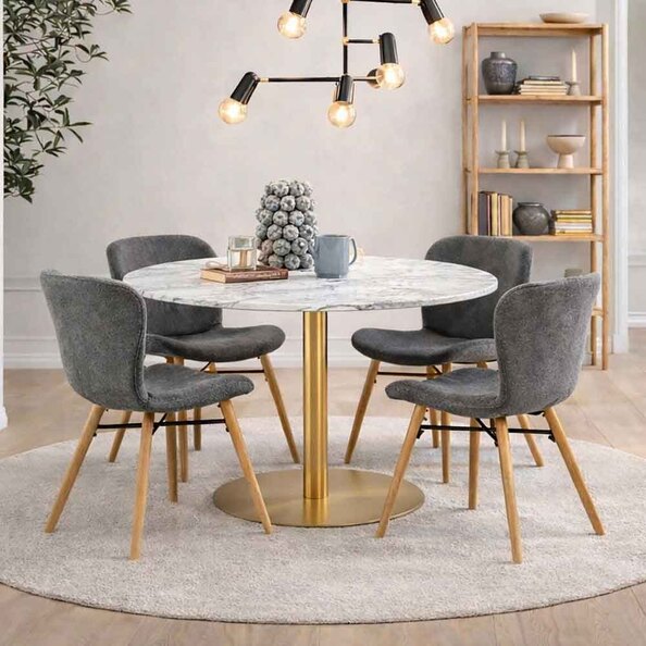 Casey White Marble Top Dining Table with Gold Base and 4 Grey Bangor Chairs