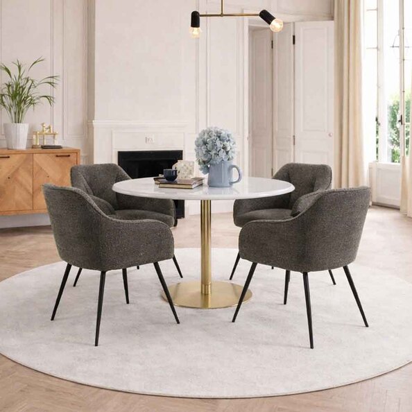 Casey White Marble Top Dining Table with Gold Base and 4 Taupe Bethel Armchairs