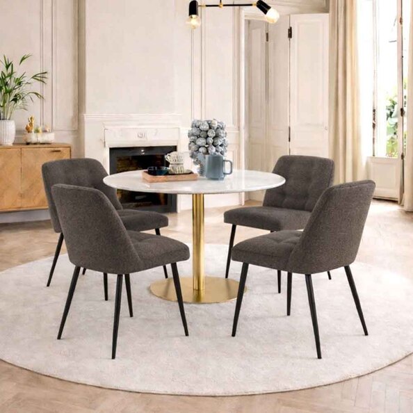 Casey White Marble Top Dining Table with Gold Base and 4 Taupe Bethel Chairs