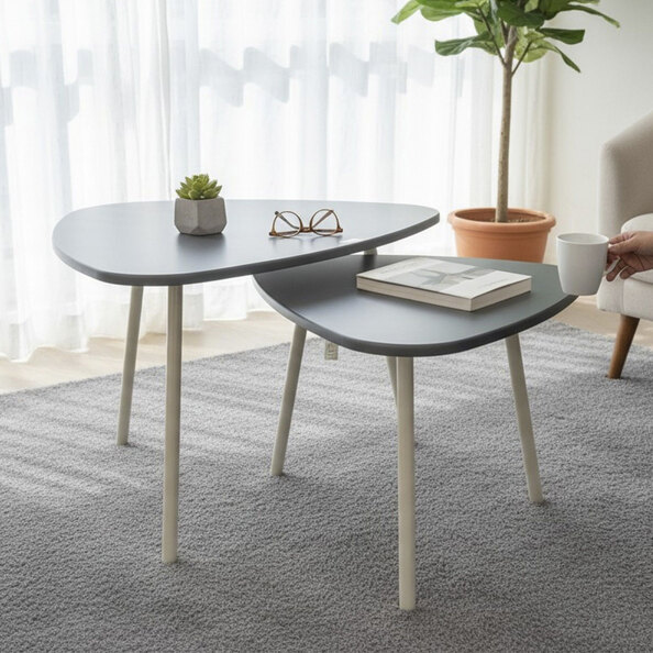 Caspian Anthracite Wooden Top Set of 2 Side Tables with Cashmere Tubular Steel Legs