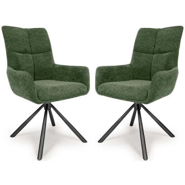 Cavino Green Fabric Dining Chairs With Black Legs In Pair