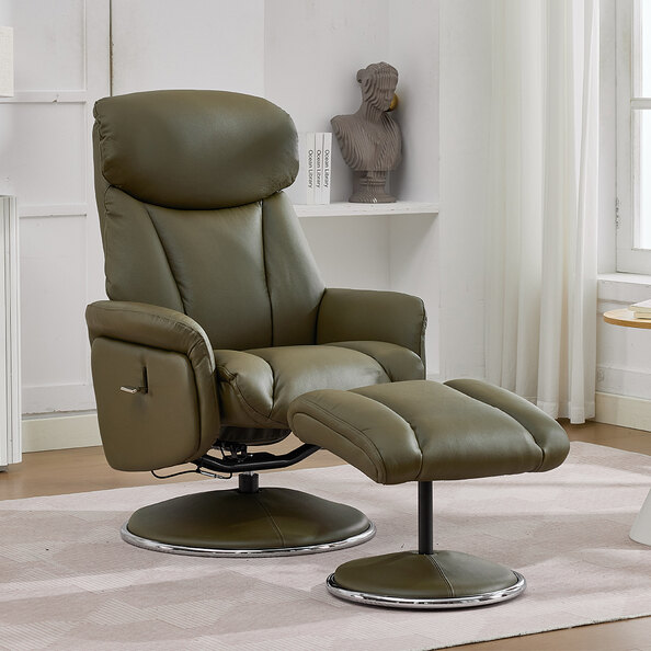 Cazira Full Leather Swivel Recliner Chair with Footstool in Olive Green