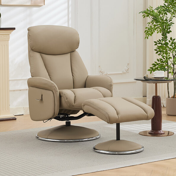 Cazira Full Leather Swivel Recliner Chair with Footstool in Pebble