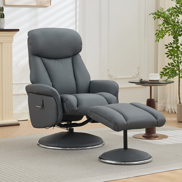 Cazira Full Leather Swivel Recliner Chair with Footstool in Petrol Blue