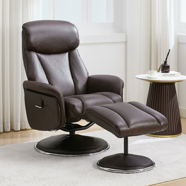 Cazira Full Leather Swivel Recliner Chair with Footstool in Russet