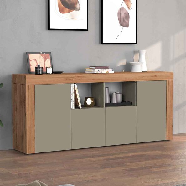 Centennial Large Wooden Storage Cabinet With 4 Doors In Taupe And Wotan Oak