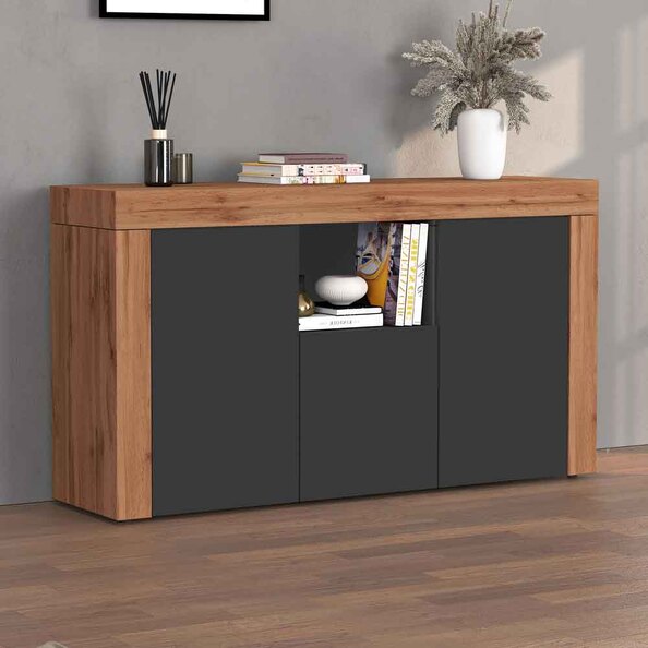 Centennial Wooden Storage Cabinet With 3 Doors In Matte Anthracite And Wotan Oak