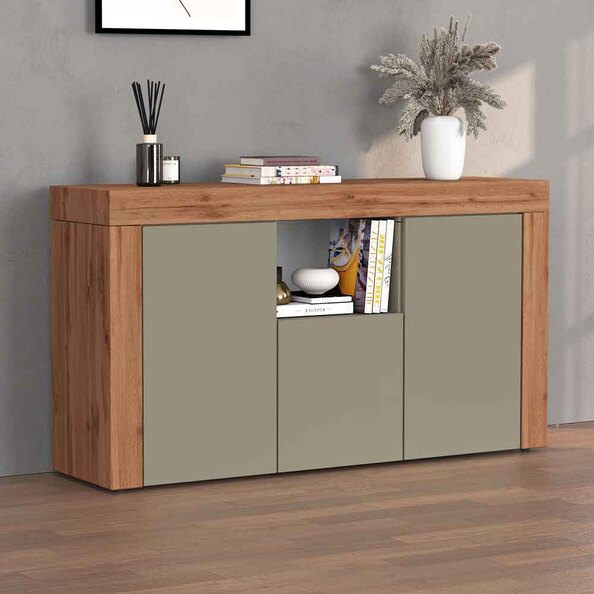 Centennial Wooden Storage Cabinet With 3 Doors In Taupe And Wotan Oak