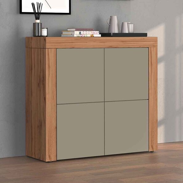 Centennial Small Wooden Storage Cabinet With 4 Doors In Taupe And Wotan Oak