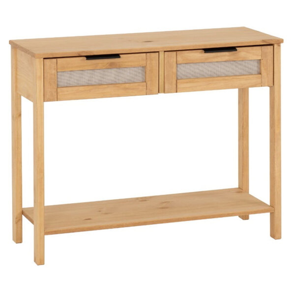 Central Wooden Console Table With 2 Rattan Drawers In Oak