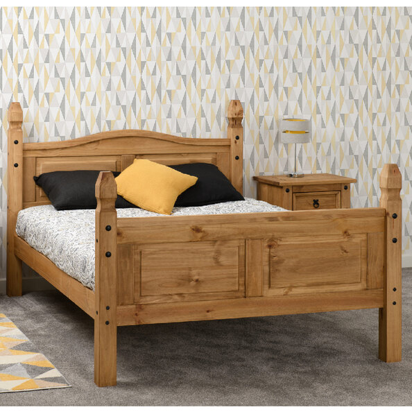 Central Scroll Wooden High Foot Double Bed In Oak