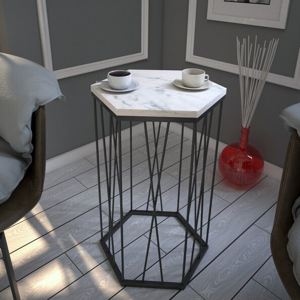 Cetrus Marmo White Wooden Top Side Table with Black Metal Frame