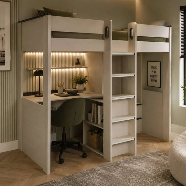 Cevlune Wooden Highsleeper Bunk Bed with Desk in White