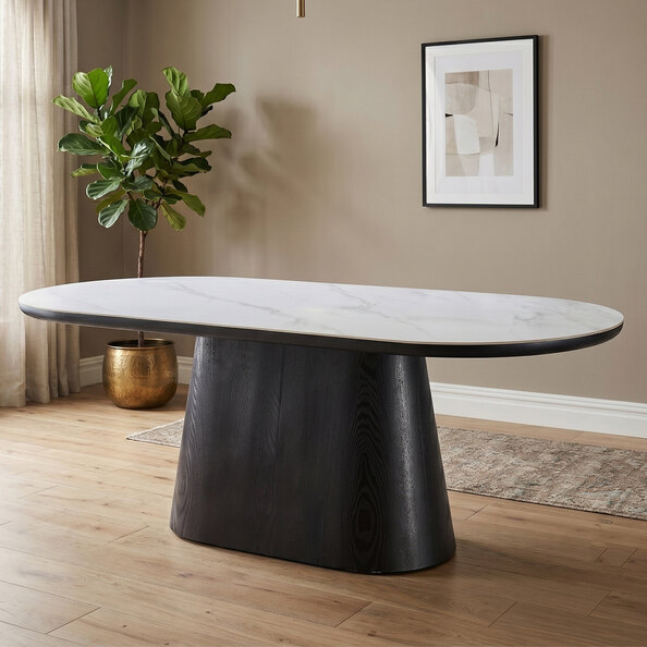 Chambly Rectangular Sintered Stone Top Dining Table in White And Black