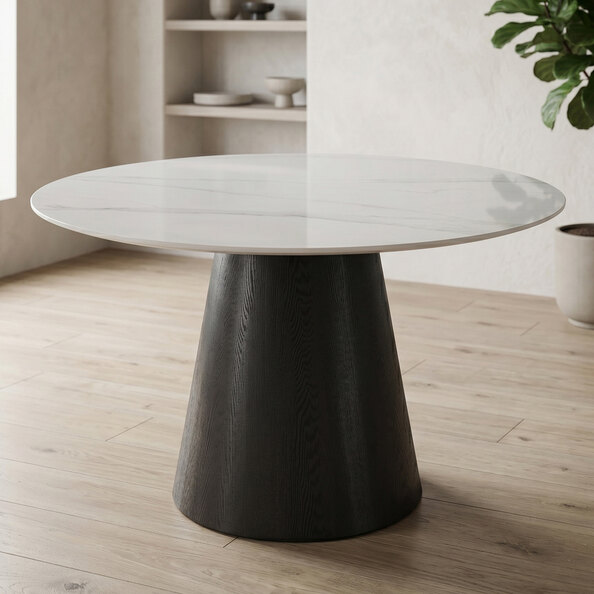Chambly Round Sintered Stone Top Dining Table in Black and White