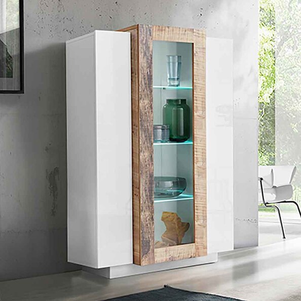 Chandler High Gloss Display Cabinet With 3 Doors In White And Pereira Maple