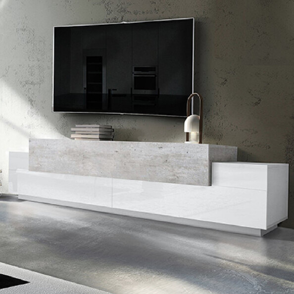 Chandler Large High Gloss TV Stand With 3 Flap Doors In White And Concrete