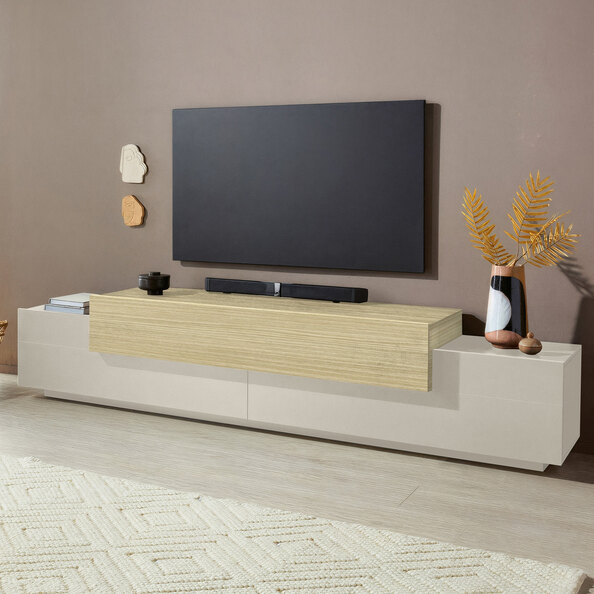 Chandler Large Wooden TV Stand With 3 Flap Doors In Cashmere And Chopin Oak