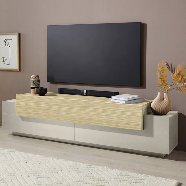 Chandler Small Wooden TV Stand With 3 Flap Doors In Cashmere And Chopin Oak