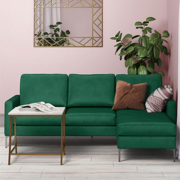 Cherokee Velvet L Shape Sofa in Green