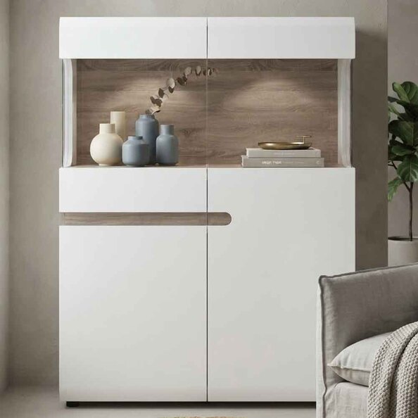 Cheya High Gloss Display Cabinet in White And Truffle Oak