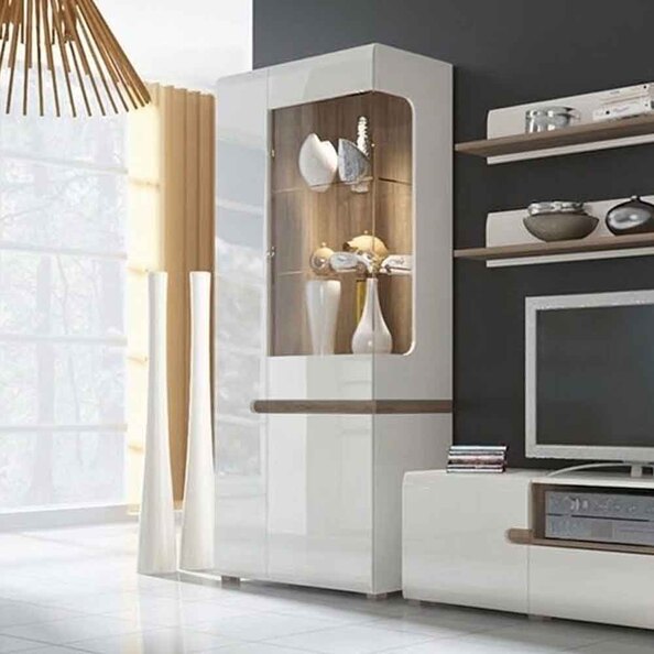 Cheya High Gloss Left Handed Display Unit In White Truffle Oak