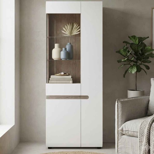 Cheya High Gloss Right-Handed Display Unit in White and Truffle Oak