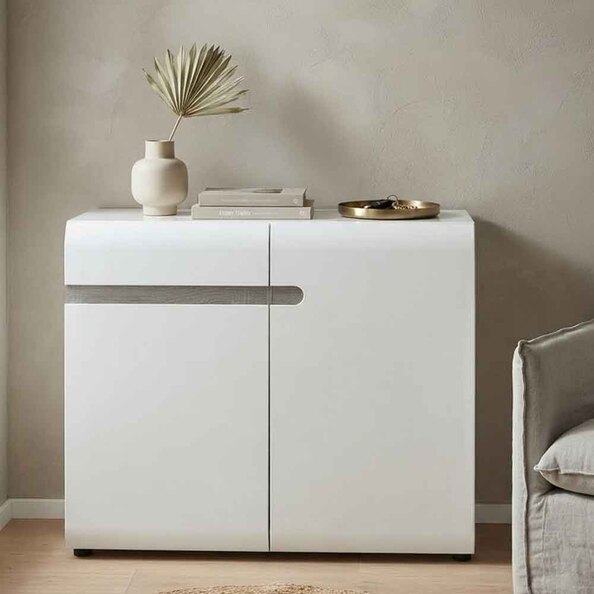 Cheya High Gloss Sideboard with 2 Doors in White and Truffle Oak