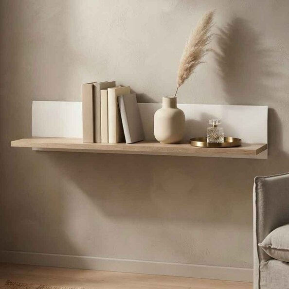 Cheya High Gloss Wall Shelf in White And Truffle Oak