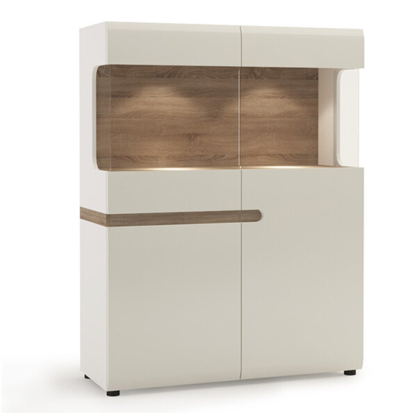 Cheya LED Wide Display Cabinet In White Gloss And Truffle Oak
