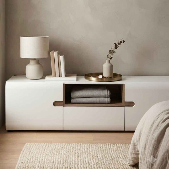 Cheya Wide High Gloss TV Stand in White And Truffle Oak